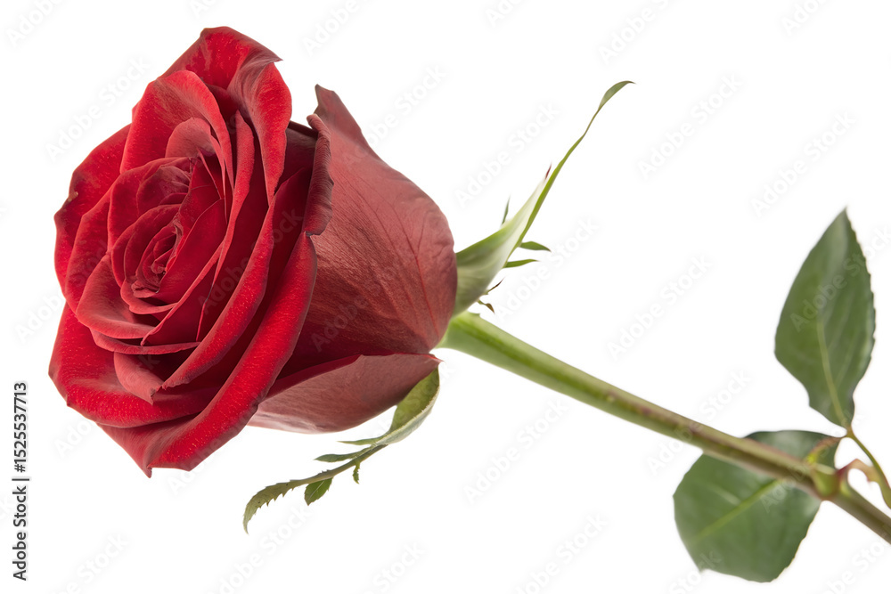 Fototapeta premium Single red rose bloom floral closeup shot isolated on transparent background