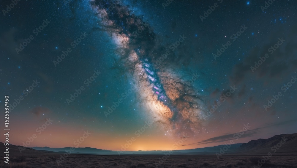 Fototapeta premium Night sky with Milky Way galaxy visible over a desert landscape.