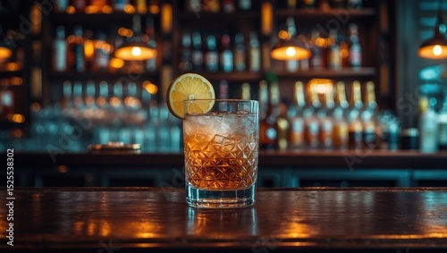 A refreshing drink with lemon slice on a wooden bar counter in a cozy bar background. Beverages and bar atmosphere. The concept of cocktails and relaxation. photo