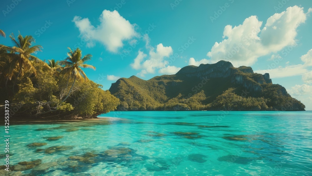 Fototapeta premium Tropical beach with palm trees and mountains reflected in clear blue water under a partly cloudy sky.