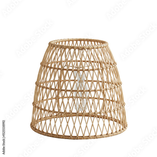 Meticulously detailed woven rattan lamp shade, light-toned natural fibers, boho style, intricate open-weave pattern, handcrafted imperfections, presented in a pristine studio with a seamless pure