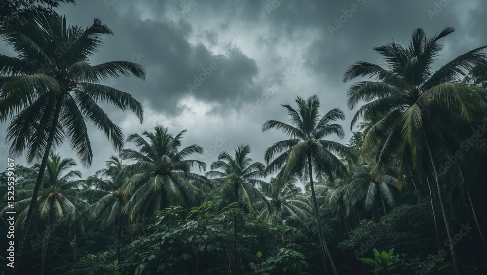 Fototapeta premium Tropical rainforest with tall palm trees under dark, cloudy sky, lush green foliage, and dense vegetation.