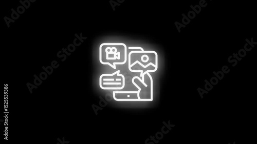 A glowing mobile notification icon on a black background, animated in a sleek digital style. The icon features a smartphone with a notification badge emitting vibrant red and white neon glows. 