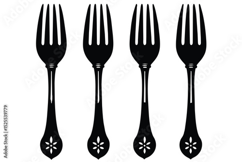 Elegant Black Fork Silhouettes  A Set of Four Detailed Cutlery Designs