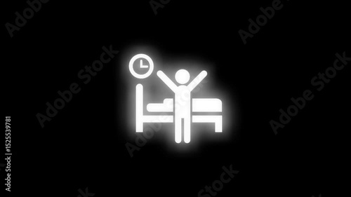 A glowing icon of a man rising from bed and standing upright, on a black background. The figure and bed emit a soft blue and white neon glow with smooth animated motion showing the transition.