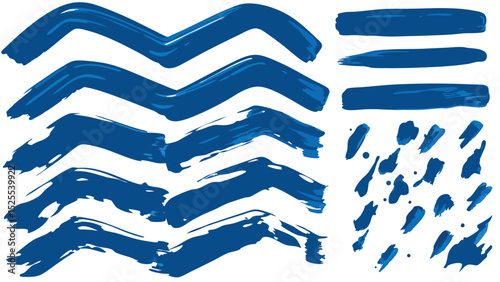 Illustration of blue brush strokes in zigzag patterns and straight lines with scattered blue dots