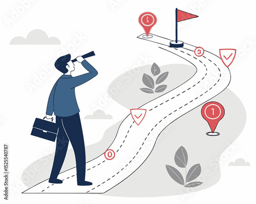 Success roadmap journey, milestone or career path achievement, route or pathway to achieve goals, accomplishment, assessment or way to success, businessman look at achievement milestone to success.