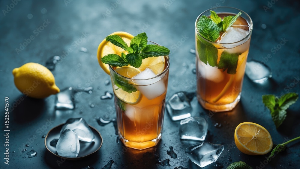 Fototapeta premium Two glasses of iced tea with lemon slices and mint, surrounded by ice cubes and lemons on a dark surface. Refreshing beverages and citrus garnishes. The concept of summer drinks and refreshment.
