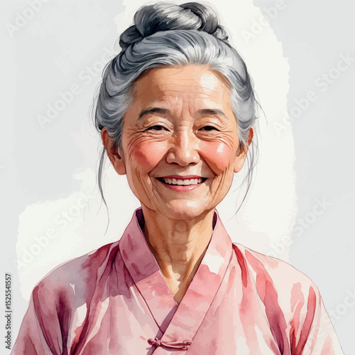Smiling elderly Asian woman. Watercolor portrait with gentle face and cultural grace.