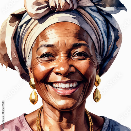 Smiling elderly Black woman vector. Watercolor portrait with headwrap and golden warmth.