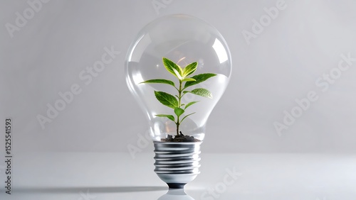 A lightbulb with a plant growing inside it against a white background studio shot