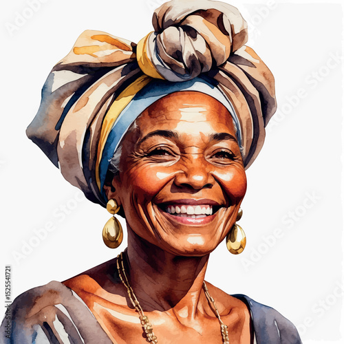 Smiling elderly Black woman vector. Watercolor portrait with headwrap and golden warmth.