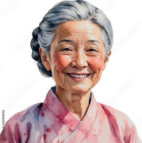Smiling elderly Asian woman. Watercolor portrait with gentle face and cultural grace.