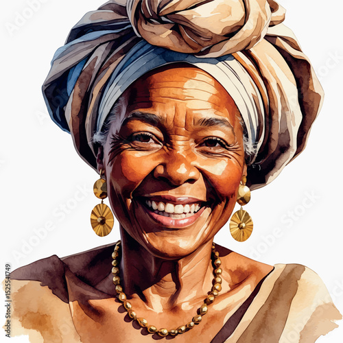 Smiling elderly Black woman vector. Watercolor portrait with headwrap and golden warmth.