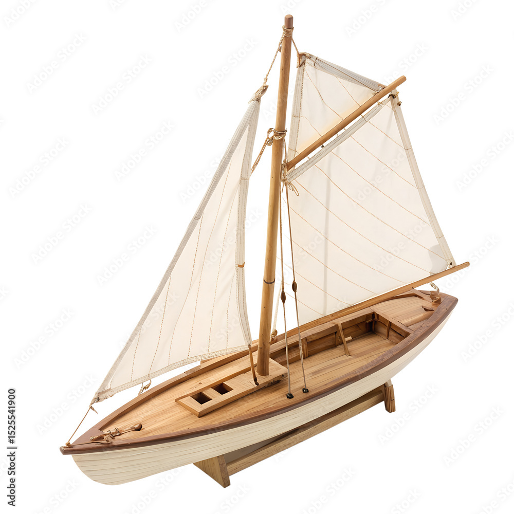 Obraz premium Wooden sailboat model nautical decor item isolated on transparent background