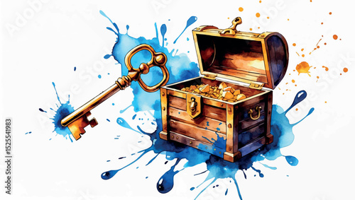 Watercolor Discovery Success - Key Opening Treasure Chest Achievement Reward Illustration