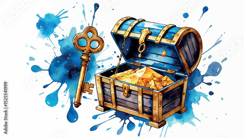 Watercolor Discovery Success - Key Opening Treasure Chest Achievement Reward Illustration