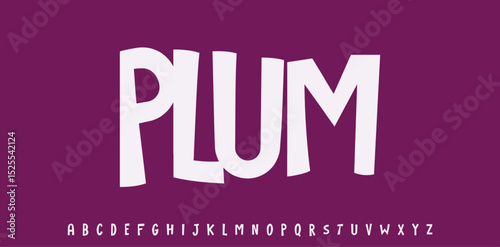 Summer plum drupe, joyful lettering, cartoon funny typography. Childish font for friendly logo headline of culinary recipe book, sweets, ice cream title. Food typographic design. Vector typeset.