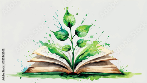 Watercolor Education Success - Seedling Growing from Book Knowledge Growth Illustration