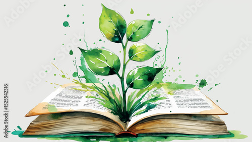 Watercolor Education Success - Seedling Growing from Book Knowledge Growth Illustration