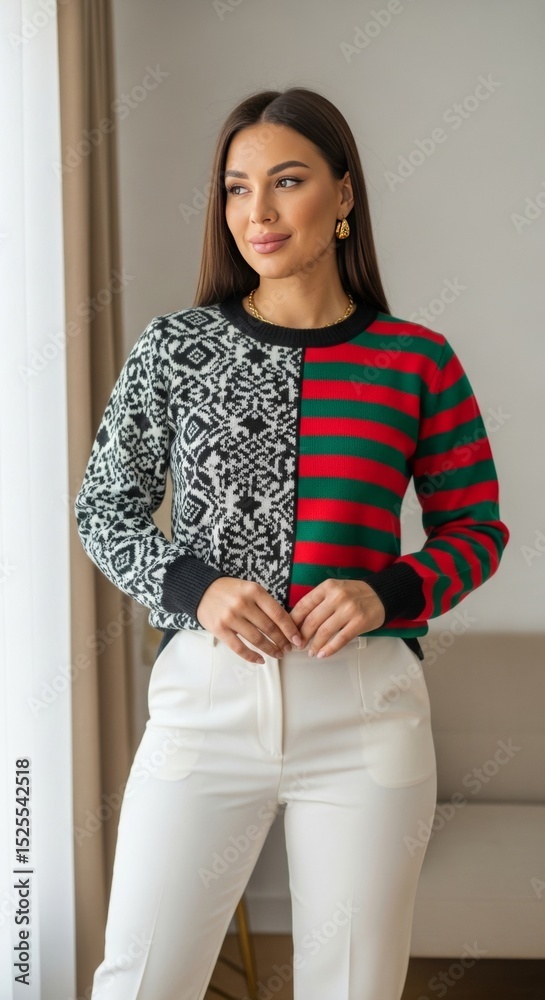 Naklejka premium Stylish Women's Two-Tone Knit Sweater Black & White Snake Print and Red & Green Stripes