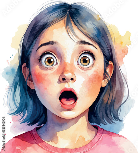Surprised girl portrait. Watercolor reaction with expressive emotion.