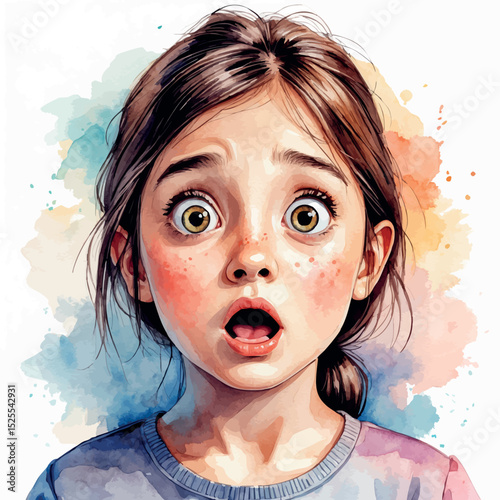 Surprised girl portrait. Watercolor reaction with expressive emotion.