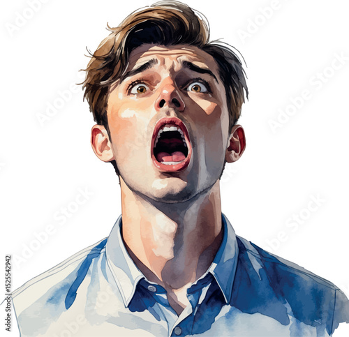 Shocked man vector. Watercolor portrait of surprise and disbelief.