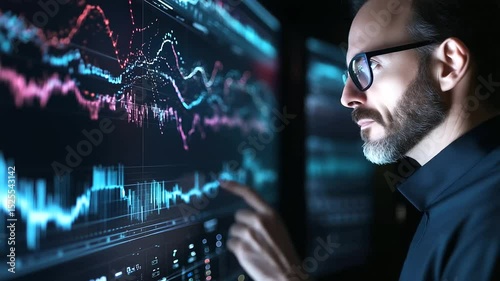 Music producer leans in, tweaking EQ settings on digital mixer, abstract visualization waves moving across high-resolution screens