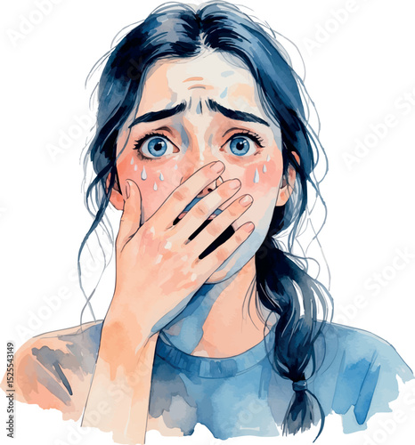 Overwhelmed young woman. Watercolor portrait of emotion and vulnerability.