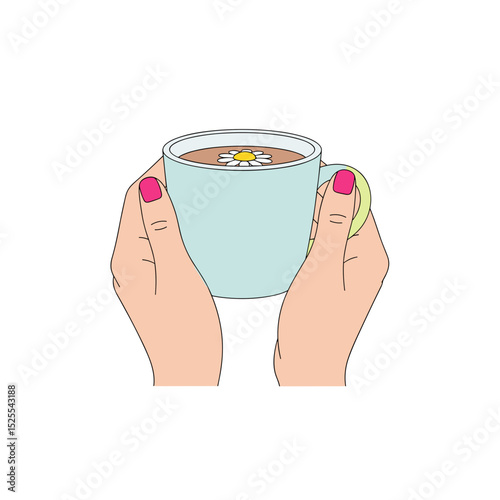 Hands holding a light blue cup of tea of chamomile tea