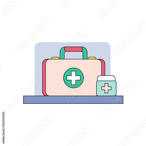 First aid kit and medication container in flat design style  