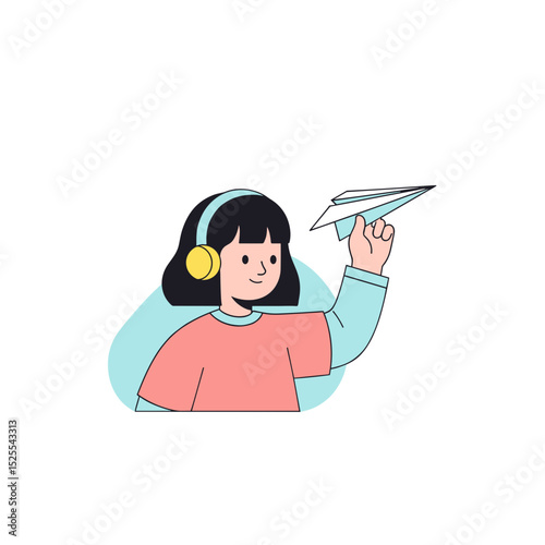Young girl wearing headphones launching paper airplane indoors  