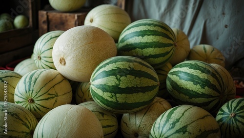 A collection of watermelons and melons placed together. Fresh fruits, produce, and healthy food. The concept of agriculture and harvest.