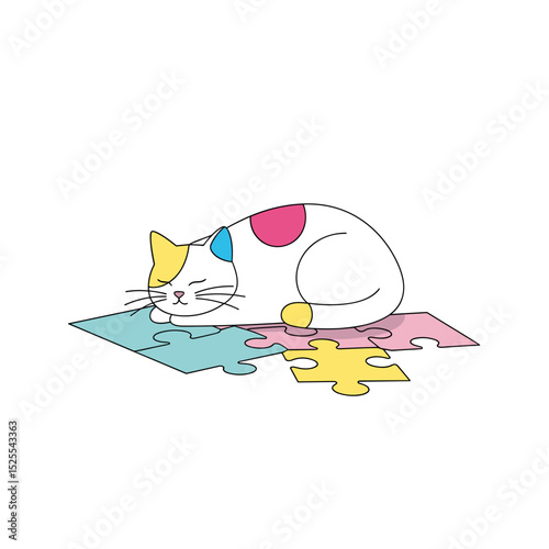 Cartoon cat sleeping on colorful puzzle pieces in playful design  