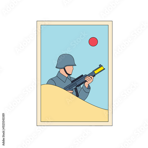 Soldier holding weapon while standing on sand against sunset  