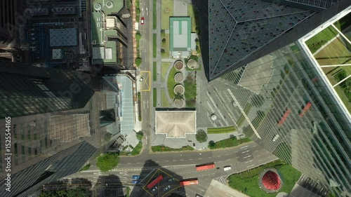 sunny day singapore city downtown center topdown traffic street view aerial panorama 4k 