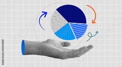 Retro collage hand holding pie chart diagram. Business data and market share concept. Modern retro grunge.