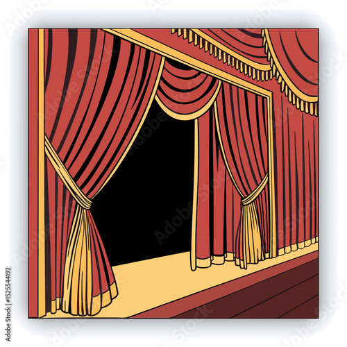 Red and gold theater curtains, richly detailed, are depicted.  The curtains are a deep red with sections of rich gold.  Pleats and folds of the fabric are meticulously rendered, giving a sense of drap