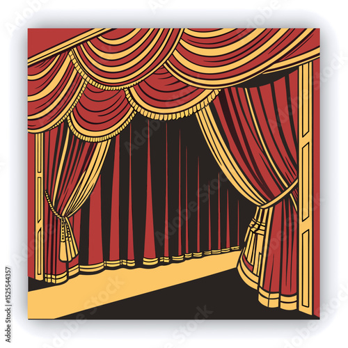Red and gold theater curtains, richly detailed, are depicted.  The curtains are a deep red with sections of rich gold.  Pleats and folds of the fabric are meticulously rendered, giving a sense of drap