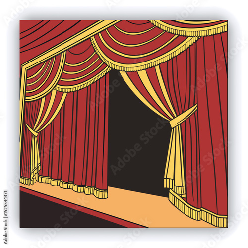 Red and gold theater curtains, richly detailed, are depicted.  The curtains are a deep red with sections of rich gold.  Pleats and folds of the fabric are meticulously rendered, giving a sense of drap