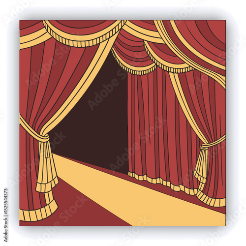 Red and gold theater curtains, richly detailed, are depicted.  The curtains are a deep red with sections of rich gold.  Pleats and folds of the fabric are meticulously rendered, giving a sense of drap