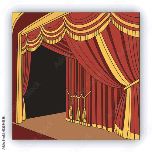 Red and gold theater curtains, richly detailed, are depicted.  The curtains are a deep red with sections of rich gold.  Pleats and folds of the fabric are meticulously rendered, giving a sense of drap