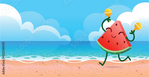 Funny character watermelon slice dancing on the seashore. Watermelon plays maracas. Summer festival. Nice summer vacation. Vector fruit character for cartoons and advertising.