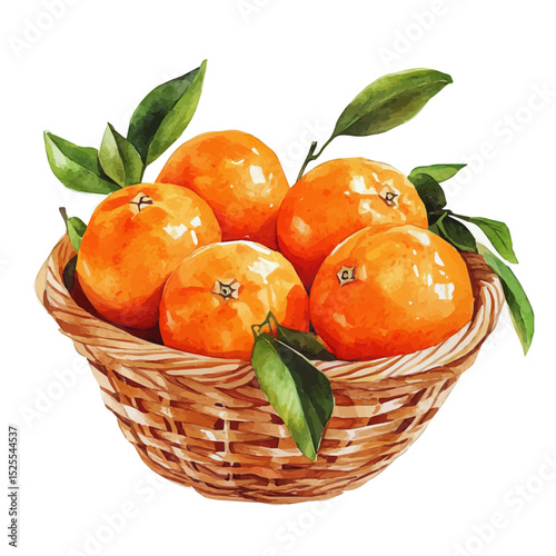 watercolor vector of Tangerine Fruit Basket, high quality, isolated on a white background.