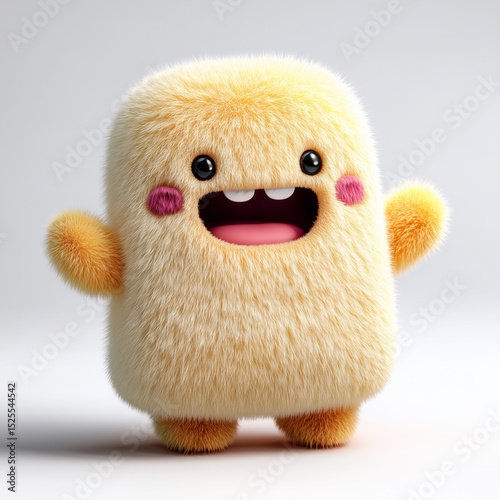 A joyful, pastel yellow cartoon monster with soft fur and big eyes, standing happily.