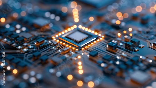 Close up of a computer chip with glowing lights and intricate circuit board design
