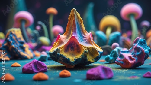 Colorful mineral or crystal with vibrant hues and irregular formations, surrounded by small colorful rocks and abstract shapes in a surreal, artistic setting. photo