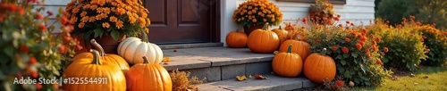 A charming autumnal display adorns a front porch, featuring pumpkins, gourds, and fall foliage Perfect for seasonal home decor inspiration , natural, porch