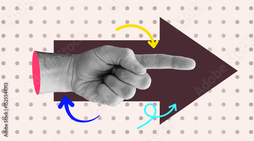 Trendy Retro Collage Hand pointing finger and forward arrow. Business success and startup development.